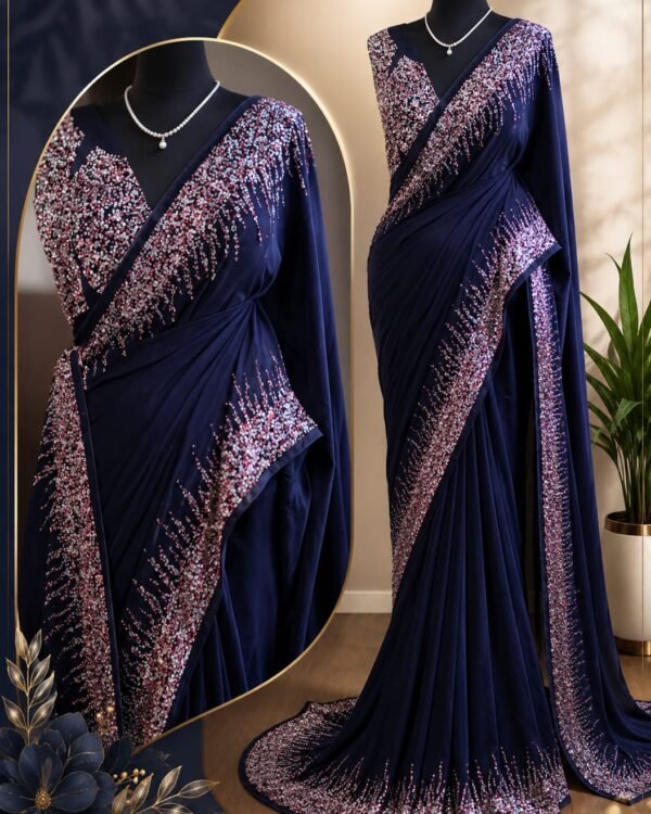 Navy Blue Sequins Embroidered Designer Crepe Saree