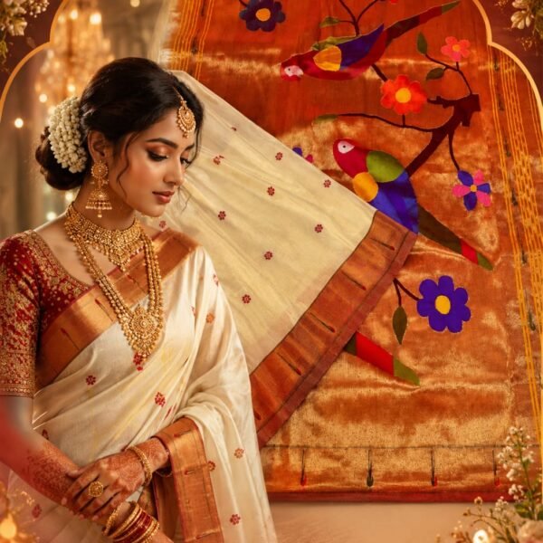 Pure Silk & Golden Jari Munia Tissue Paithani