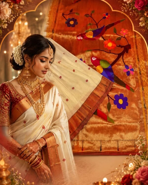 Pure Silk & Golden Jari Munia Tissue Paithani
