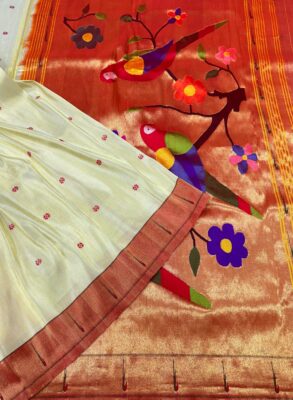 Pure Silk & Golden Jari Munia Tissue Paithani