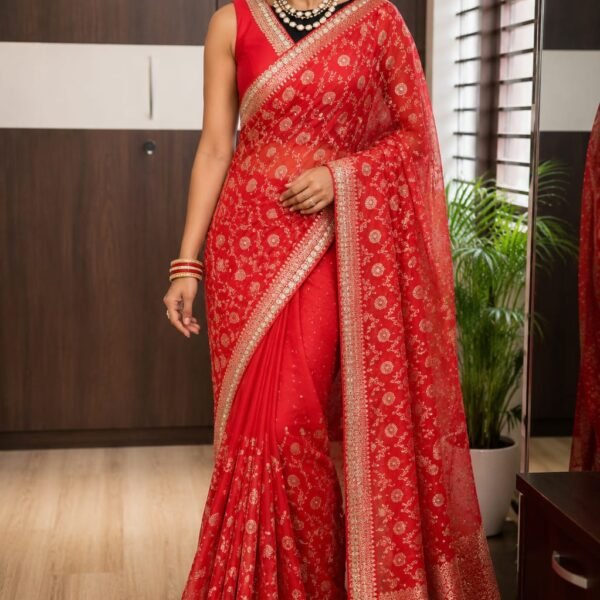 Red pure khaddi georgette saree