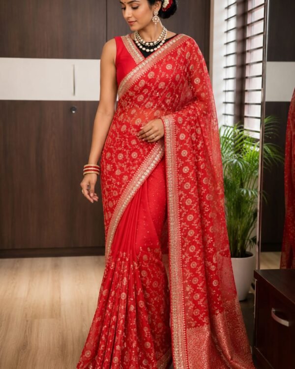 Red pure khaddi georgette saree