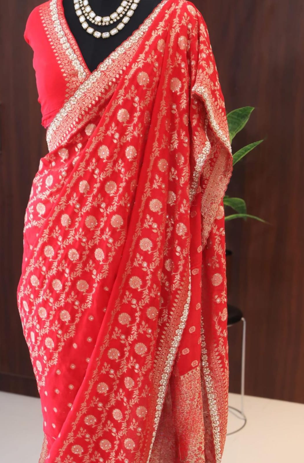 Red pure khaddi georgette saree 1 Red pure khaddi georgette saree