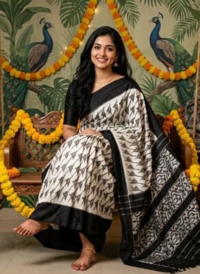 Pochampally ikkat sarees in Cream and Black