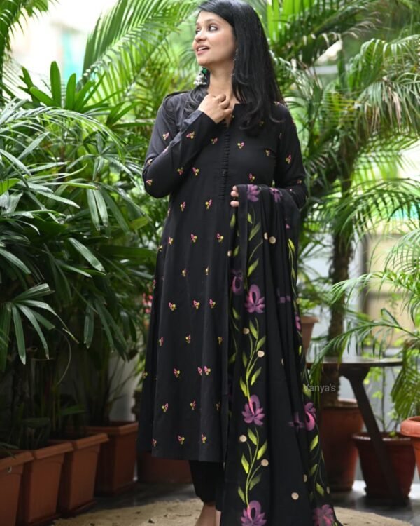 Black A Line Pure Cotton Kurti Set