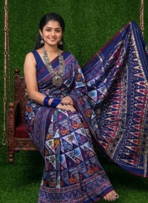 Ikkat designer silk sarees with a check border