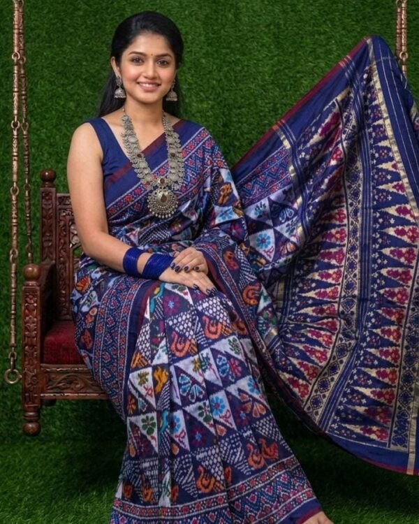 Ikkat designer silk sarees with a check border