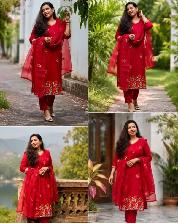 Pure Kota Doria Embroidery Red Kurti Set 