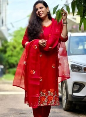 Pure Kota Doria Embroidery Red Kurti Set 