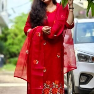 Pure Kota Doria Embroidery Red Kurti Set 