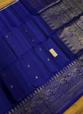 Pure silk Handloom Gold jarie border | Navy Blue