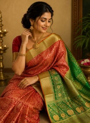 Kanchipuram resham meenakari red bridal saree