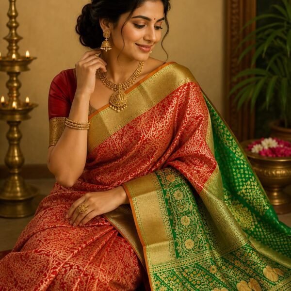 Kanchipuram resham meenakari red bridal saree