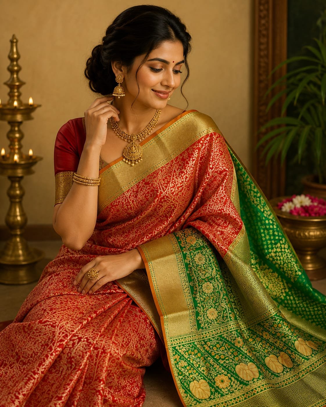 Kanchipuram resham meenakari red bridal saree