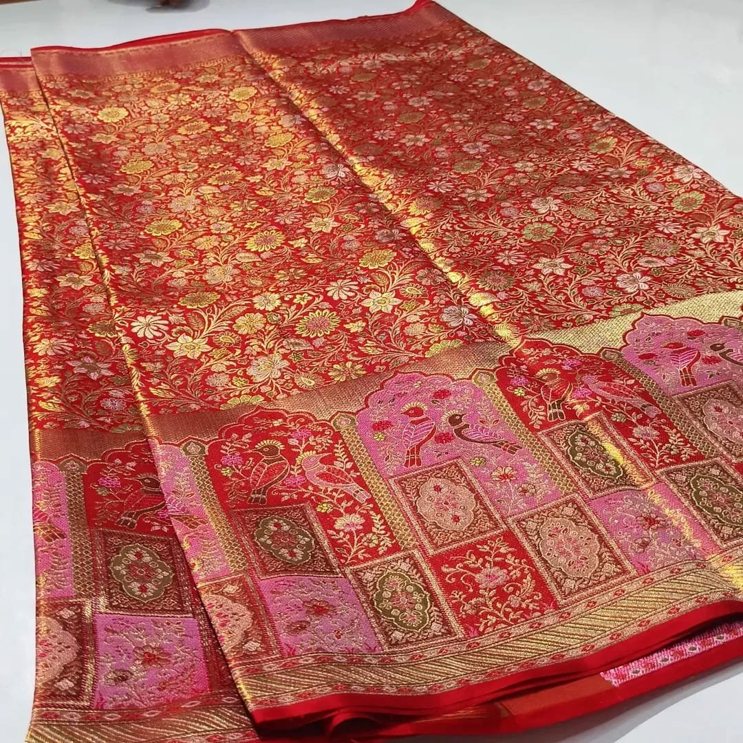 Red Meenakari 1g double warp kanchi pattu saree 3 Red Meenakari 1g double warp kanchi pattu saree - Image 3