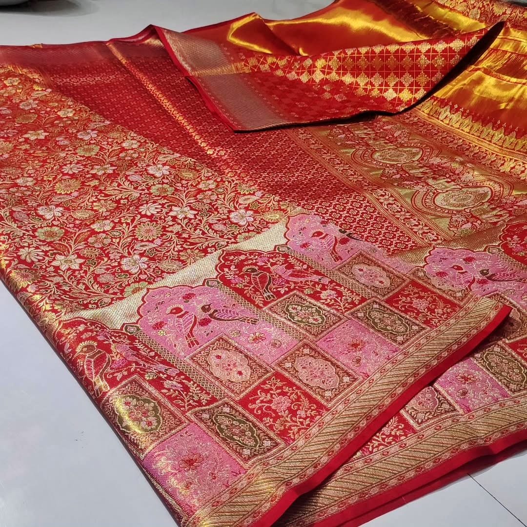 Red Meenakari 1g double warp kanchi pattu saree 4 Red Meenakari 1g double warp kanchi pattu saree - Image 4
