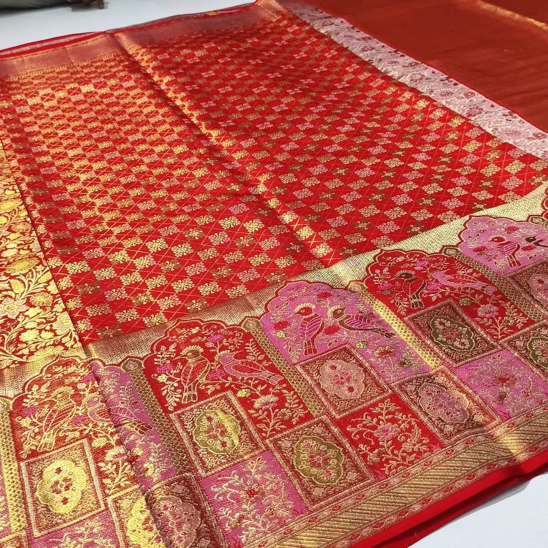 Red Meenakari 1g double warp kanchi pattu saree 6 Red Meenakari 1g double warp kanchi pattu saree - Image 6
