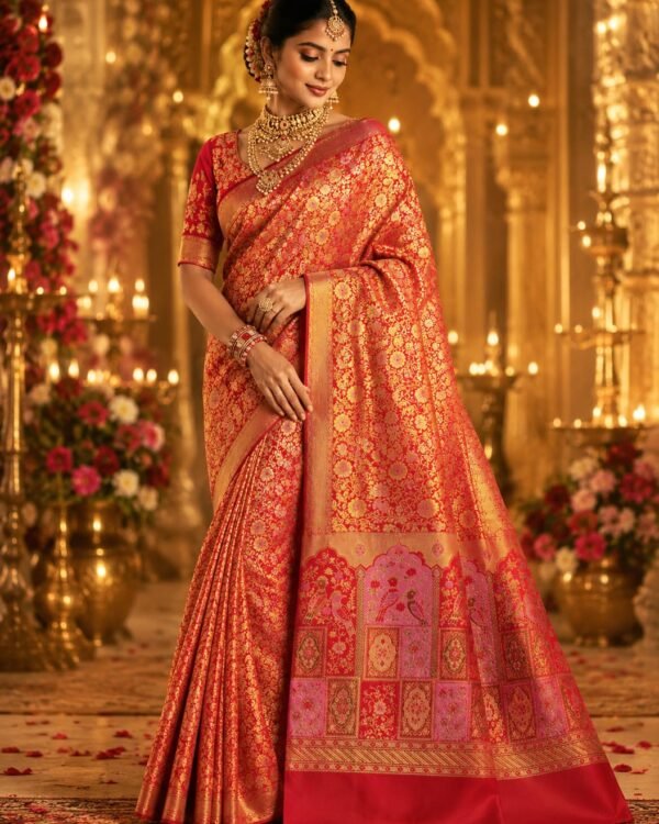 Red Meenakari 1g double warp kanchi pattu saree Buy No.1 Kanchipuram Pure Tissue Silk Sarees For Bride