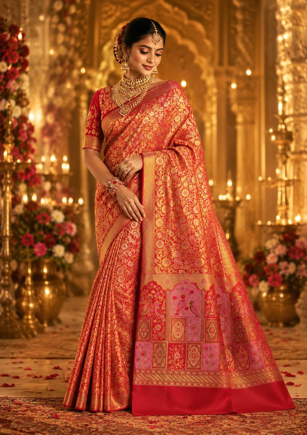 Red Meenakari 1g double warp kanchi pattu saree