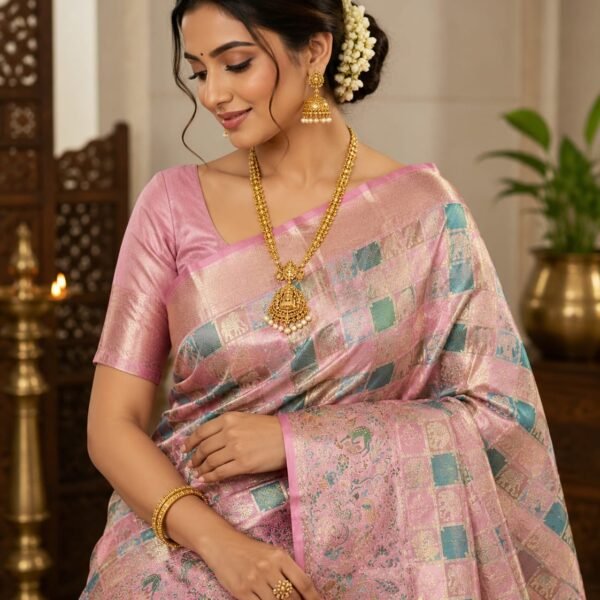 Meenakari checks the brocade designer saree