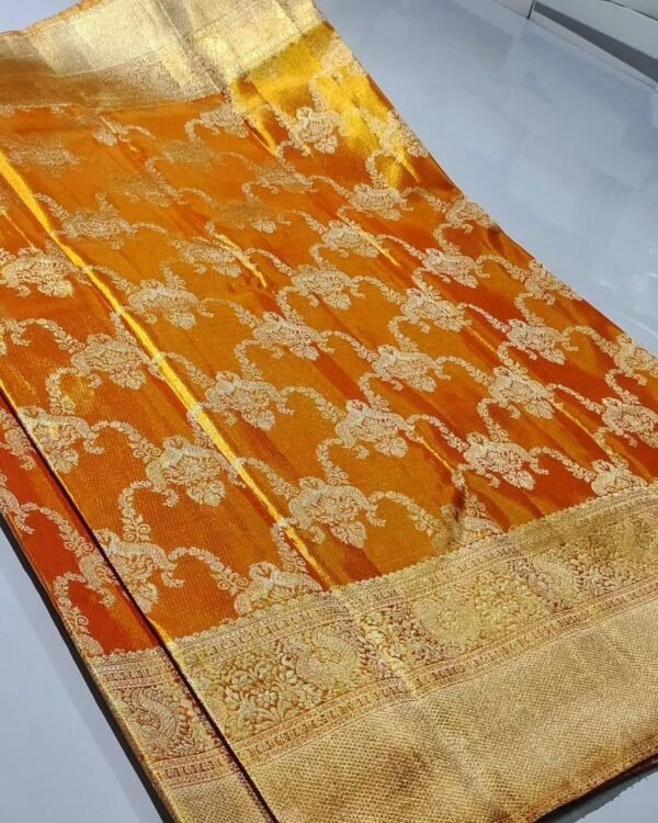 Pure kanchipattu tissue edge-to-edge Meenakari emboss designs