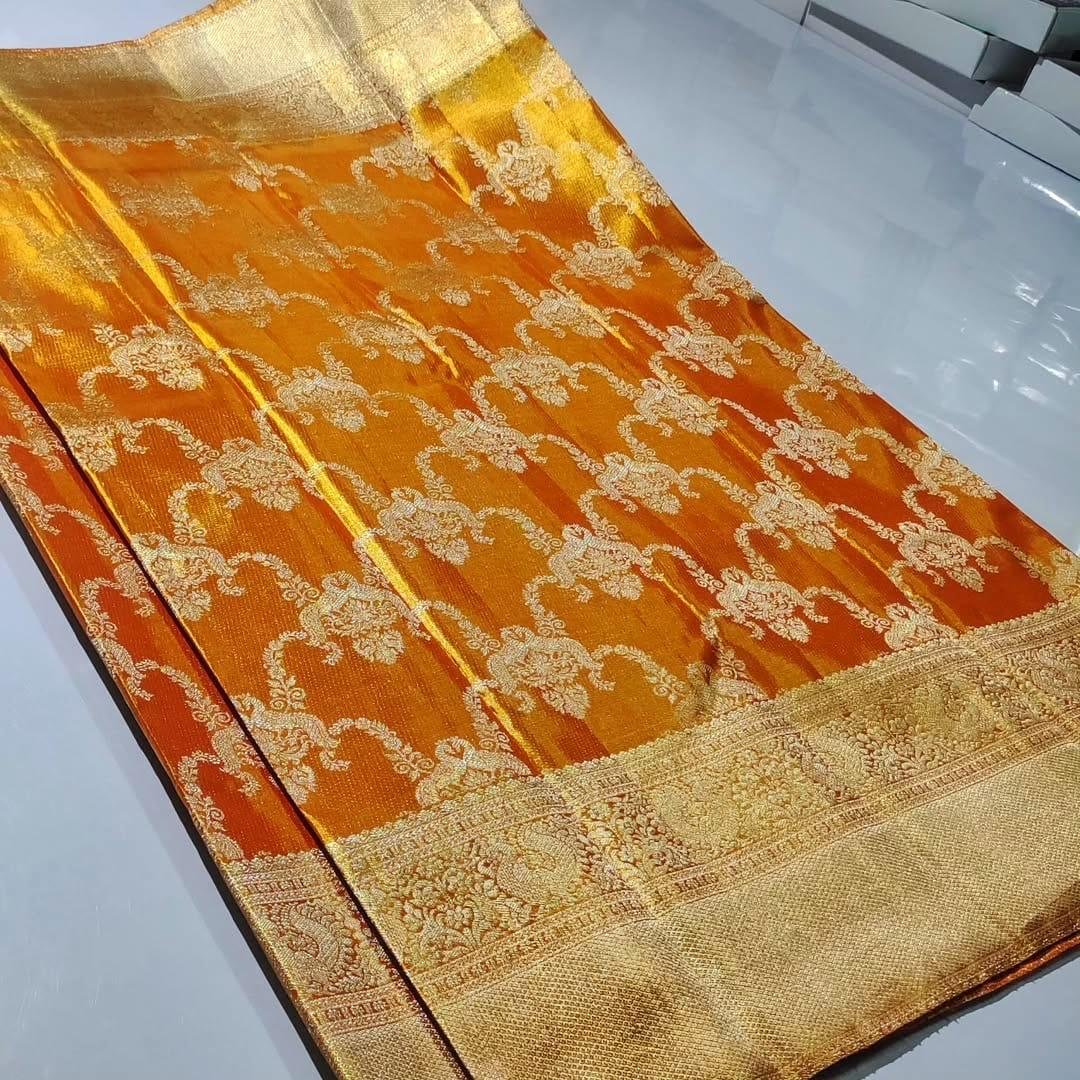 Pure kanchipattu tissue edge-to-edge Meenakari emboss designs