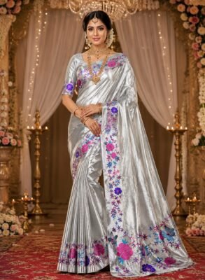 Pure tissue embroidery silver zari brocade saree