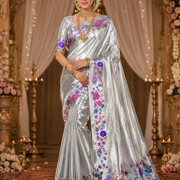 Pure tissue embroidery silver zari brocade saree