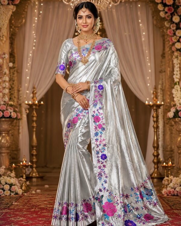 Pure tissue embroidery silver zari brocade saree