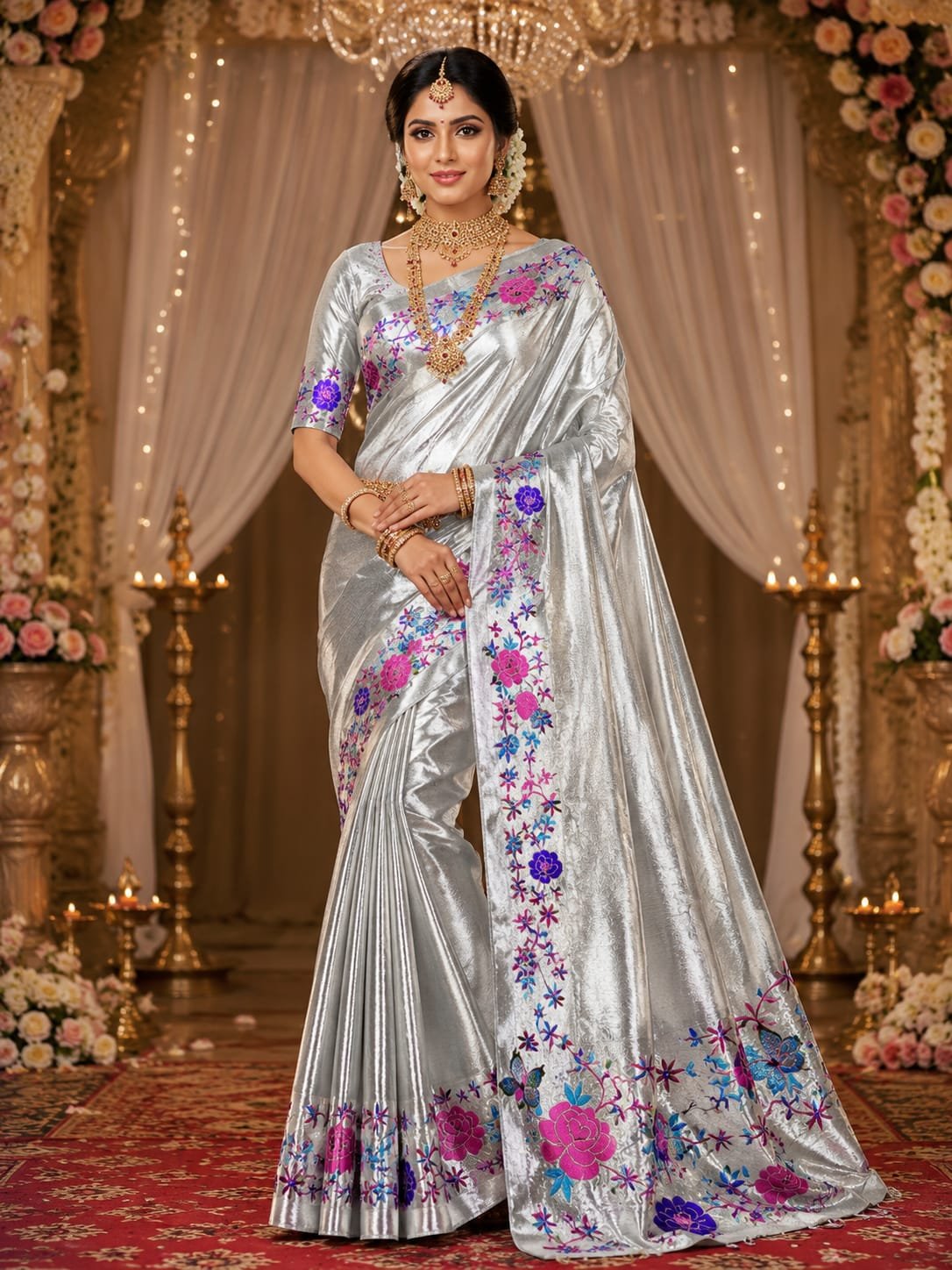 Pure tissue embroidery silver zari brocade saree