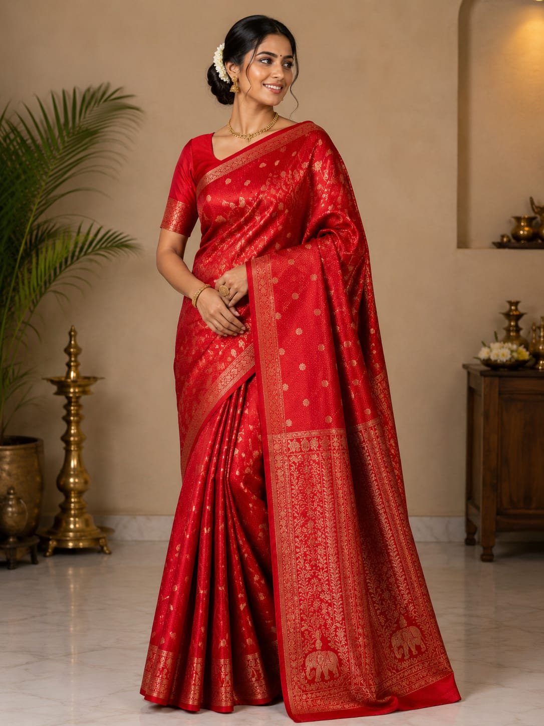 Red Pure Kanchipuram resham warp meenakari brocade saree
