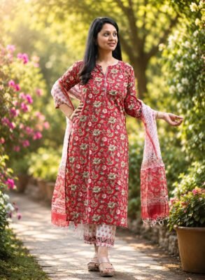 Red pure cotton Jaipuri hand block kurti set