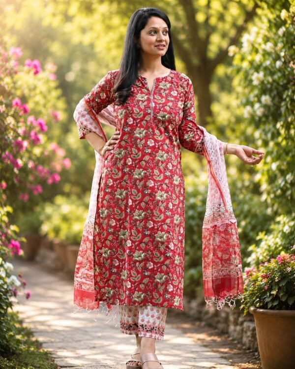 Red pure cotton Jaipuri hand block kurti set