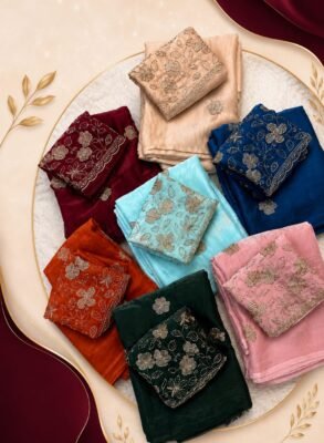 Two-tone space silk fabric with a designer blouse with handwork