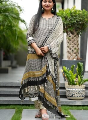 Pure linen cotton hand-block kurti set