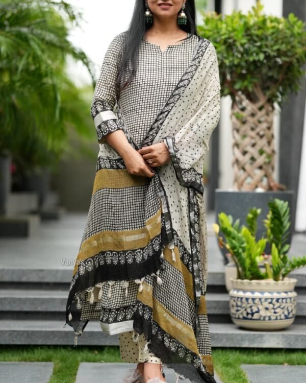 Pure linen cotton hand-block kurti set