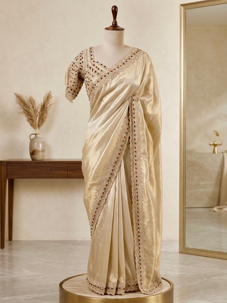 Champagne Gold Hand-Embellished Saree 3 Champagne Gold Hand-Embellished Saree - Image 3