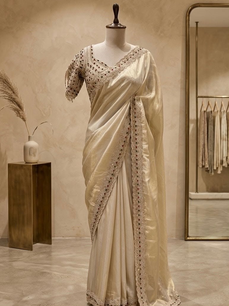 Champagne Gold Hand-Embellished Saree 4 Champagne Gold Hand-Embellished Saree - Image 4