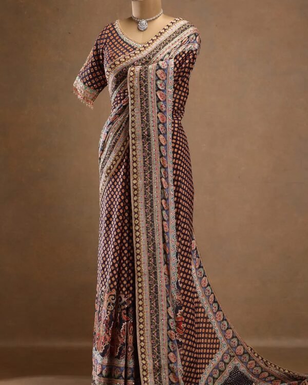 Elegant Midnight Blue & Gold Embroidered Saree Ensemble