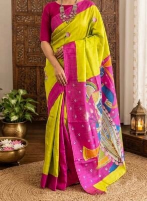 Exclusive pichwai painting on pure tussar with contrast blouse