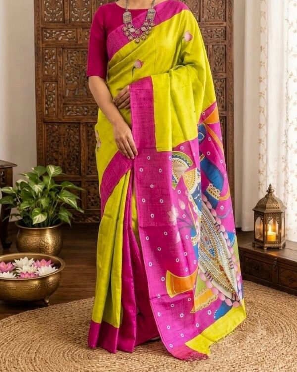 Exclusive pichwai painting on pure tussar with contrast blouse