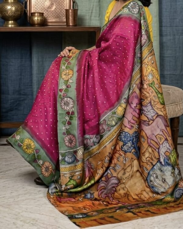 Hand Print Kalamkari Pure Tussar Silk Saree