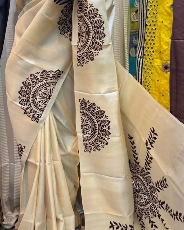 Hand-printed zari border pure handloom tussar saree