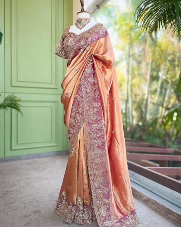 Luxurious Rose Gold Kanjivaram Silk Saree