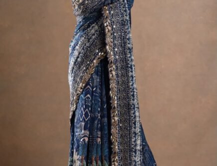 Partywear Saree Styling: 5 Beautiful Blouse and Jewellery Ideas 1 The deep blue base is beautifully enhanced with intricate printed motifs, ornate borders and rich metallic embellishments.