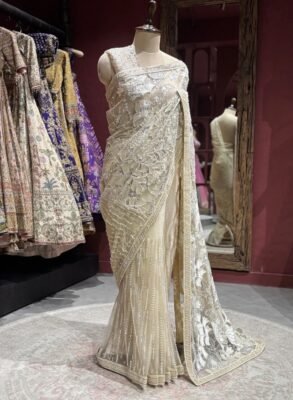 Pearl White Embroidered Party Wear Saree