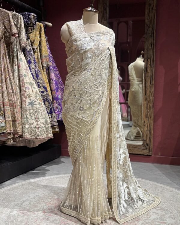 Pearl White Embroidered Party Wear Saree