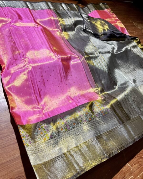 Pink Kanchipuram handloom 2G tissue silk saree with silver floral border