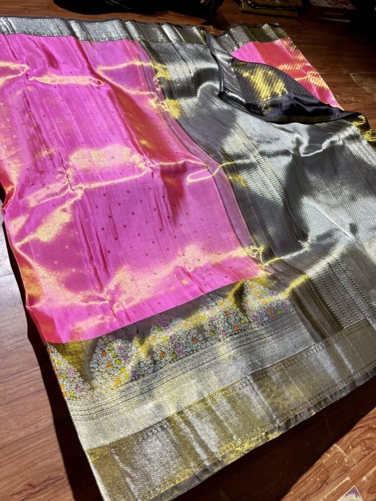 Kanchipuram handloom 2G tissue silk saree with silver floral border 29 Pink Kanchipuram handloom 2G tissue silk saree with silver floral border