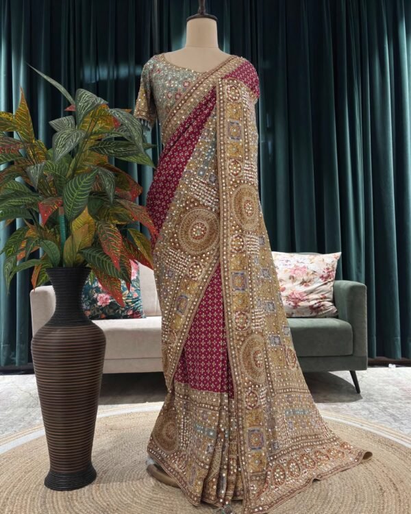 Regal Maroon & Antique Gold Embellished Designer Saree